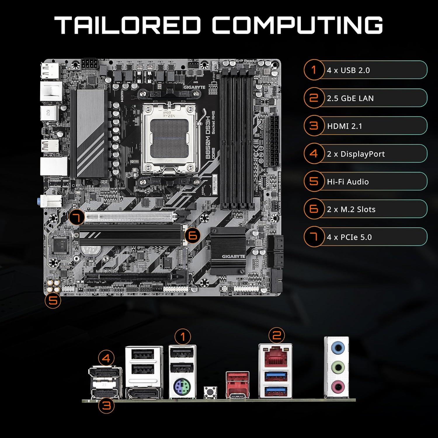 imageGIGABYTE B650M D3HP AM5 LGA 1718 AMD B650 Micro ATX 5Year Warranty DDR5 2X PCIe 40 M2 PCIe 40 USB 32 Gen2 TypeC 25GbE LANMotherboardmATX
