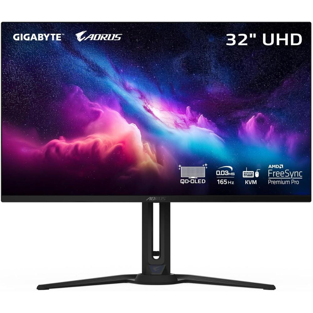 imageGIGABYTE AORUS FO32U 32quot QD OLED Gaming Monitor UHD 3840x2160165Hz 003ms GTG AMD FreeSync Premium Pro Type C KVM HDMI DP Type C Height Adjustable Black