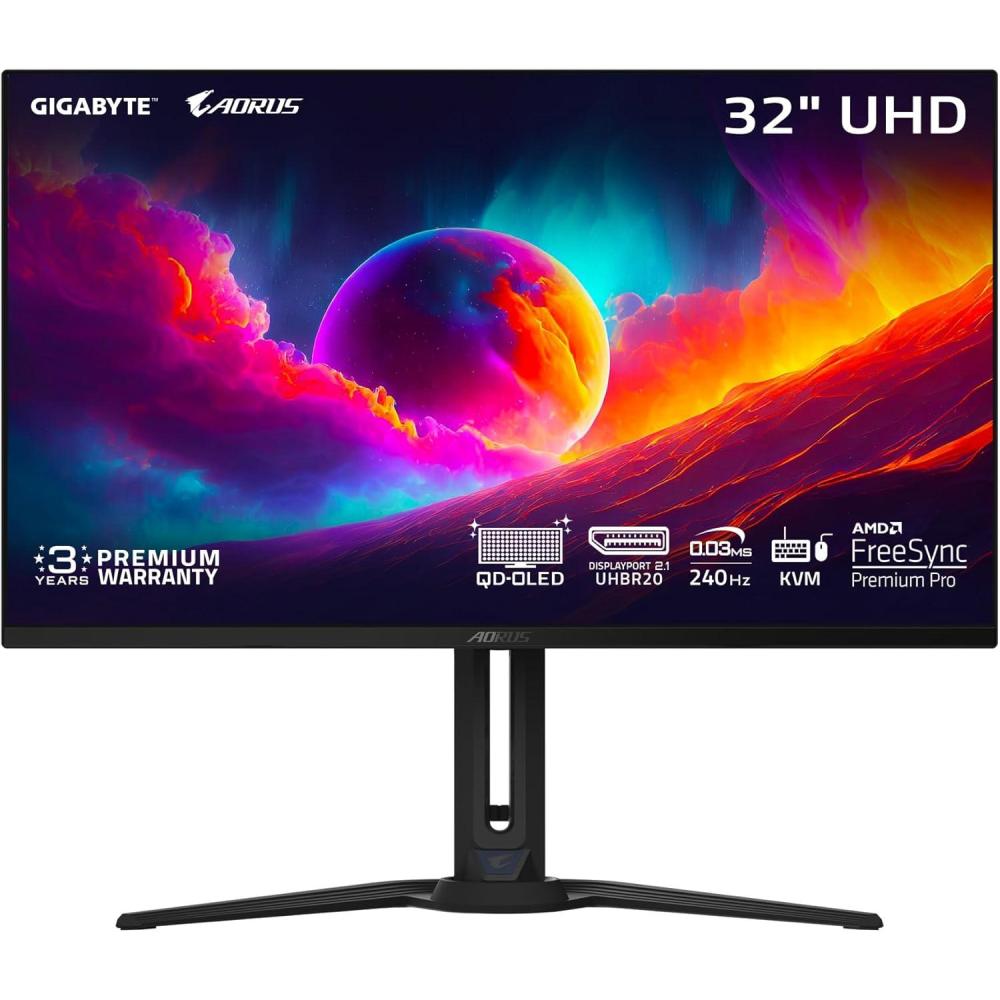 imageGIGABYTE AORUS FO32U2 Pro 32quot QD OLED Gaming Monitor UHD 3840x2160240Hz 003ms GTG AMD FreeSync Premium Pro Type C KVM HDMI DP Type C Height Adjustable Black