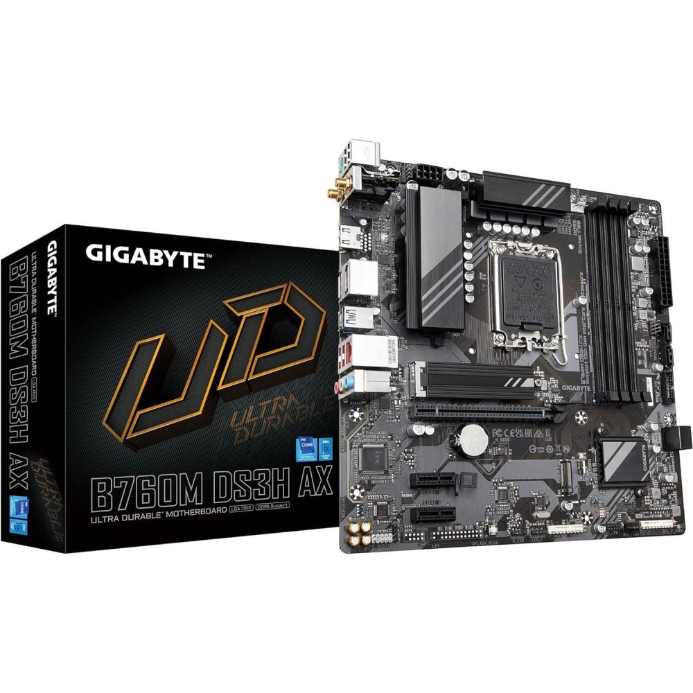 imageGIGABYTE B760 DS3H AX rev 1x LGA 1700 Intel B760 ATX Motherboard with DDR5 2 M2 PCIe 40 USB 32 Gen 2 TypeC WiFi 6E Realtek GbE LAN QFlash Plus PCIe EZLatchB760MDM2 x2WIFI6