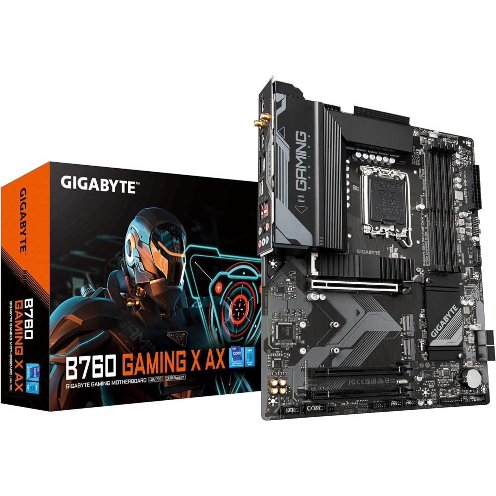 imageGIGABYTE B760 Gaming X AX LGA 1700 Intel B760 ATXDDR5 M2 PCIe 40 USB 32 Gen2X2 TypeCAMD WiFi 6E 25GbE LANQFlash PlusPCIe EZLatchMotherboardB760 GAMING X AX