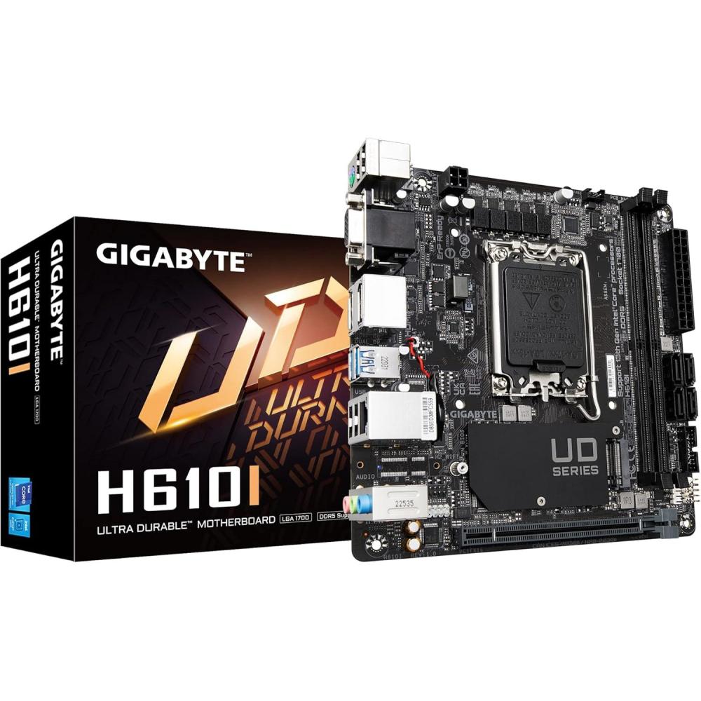 imageGIGABYTE H610I H610 IntelLGA 1700 MiniITX DDR5 Single M2 PCIe 40 USB 32 Gen1 Intel GbE LAN ChipMotherboardH610I