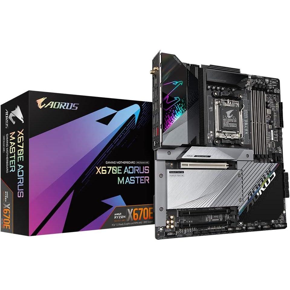 imageGIGABYTE X670E AORUS Master AMD AM5 ATX Motherboard 4X DDR5128GB3X PCIe x16 4X M2 6X SATA 6 8X USB 32 2X USBC 2X USB 20