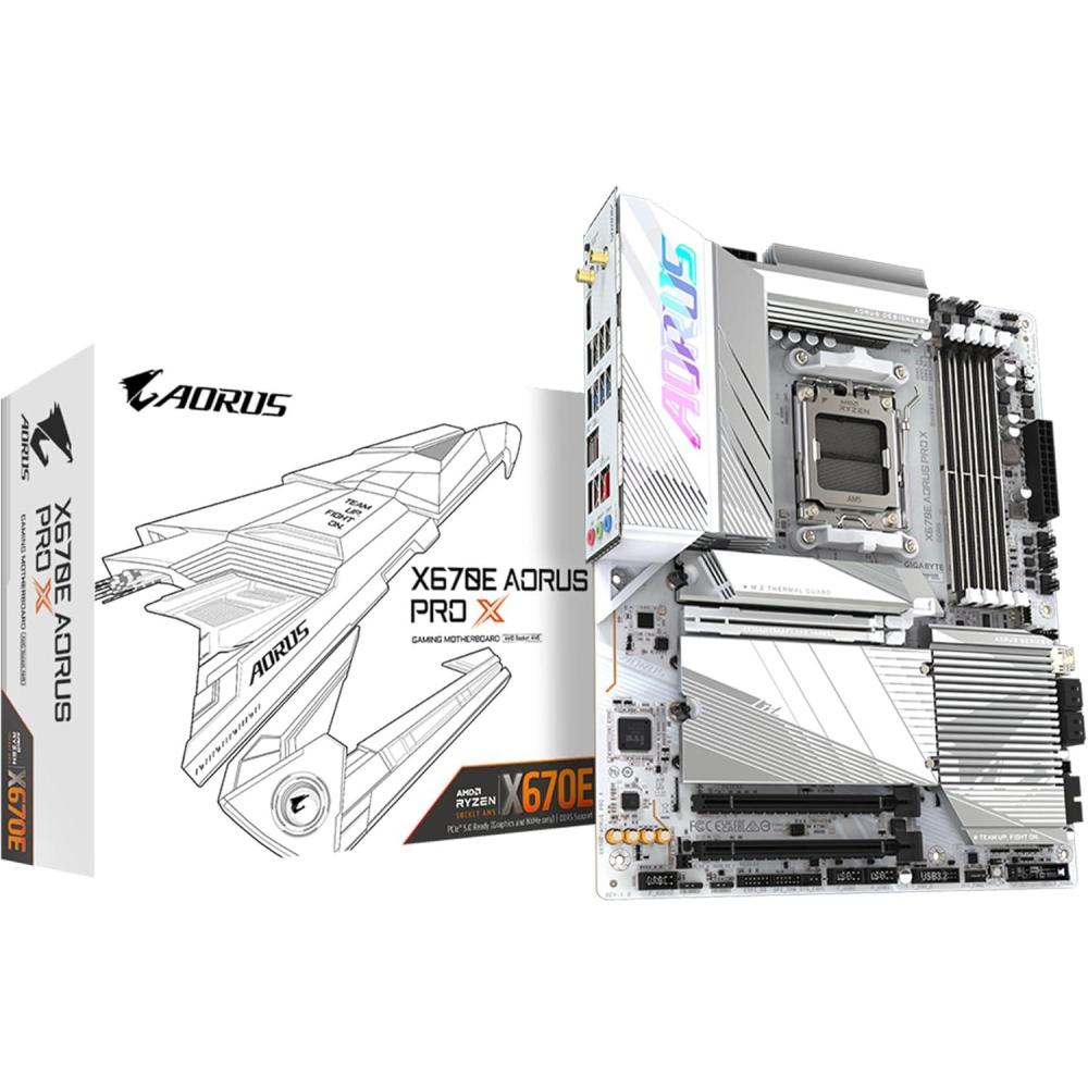 imageGIGABYTE X670E AORUS PRO X AM5 LGA 1718 AMD X670E EATX 5Year Warranty DDR5 Quad M2 PCIe 50 USB 32 Gen2X2 TypeCWiFi 7 Intel 25GbE LANQFlash PlusEZLatch PlusMotherboardATX