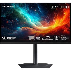 GIGABYTE – MO27U2-27 QD-OLED Gaming Monitor – UHD 3840×2160-240Hz – 0.03ms GTG – AMD FreeSync Premium Pro, G-SYNC Compatible – Type C KVM – HDMI, DP, Type-C – Height and Tilt Adjustable – Black