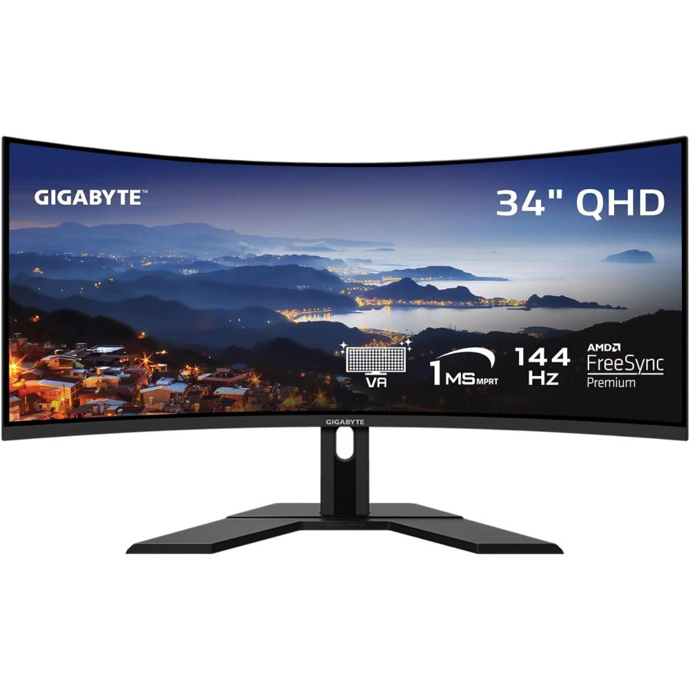 imageGIGABYTE M34WQ 34 144Hz UltrawideKVM Gaming Monitor 3440 x 1440 IPS Display 1ms MPRT Response Time 91 DCIP3 HDR Ready 1 Display Port 14 2 HDMI 20 2 USB 30 1 USB TypeC M34WQSA34 WQHD 144Hz  VA  Curved  Height  Tilt