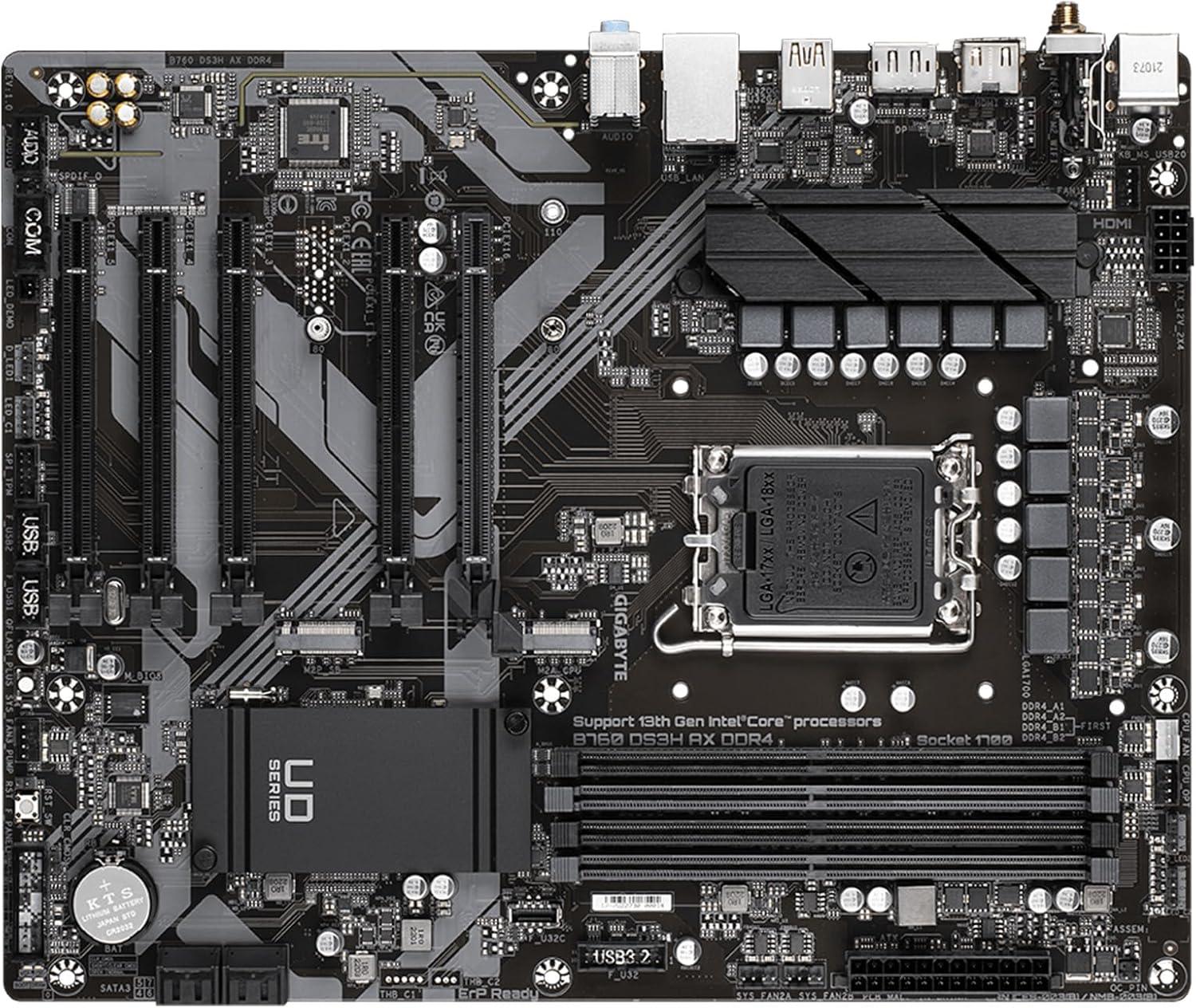 imageGIGABYTE B760 DS3H AX DDR4 LGA 1700 Intel B760 ATX DDR4 M2 PCIe 40 USB 32 Gen 2 TypeCWiFi 6E Realtek GbE LANQFlash PlusPCIe EZLatchMotherboard