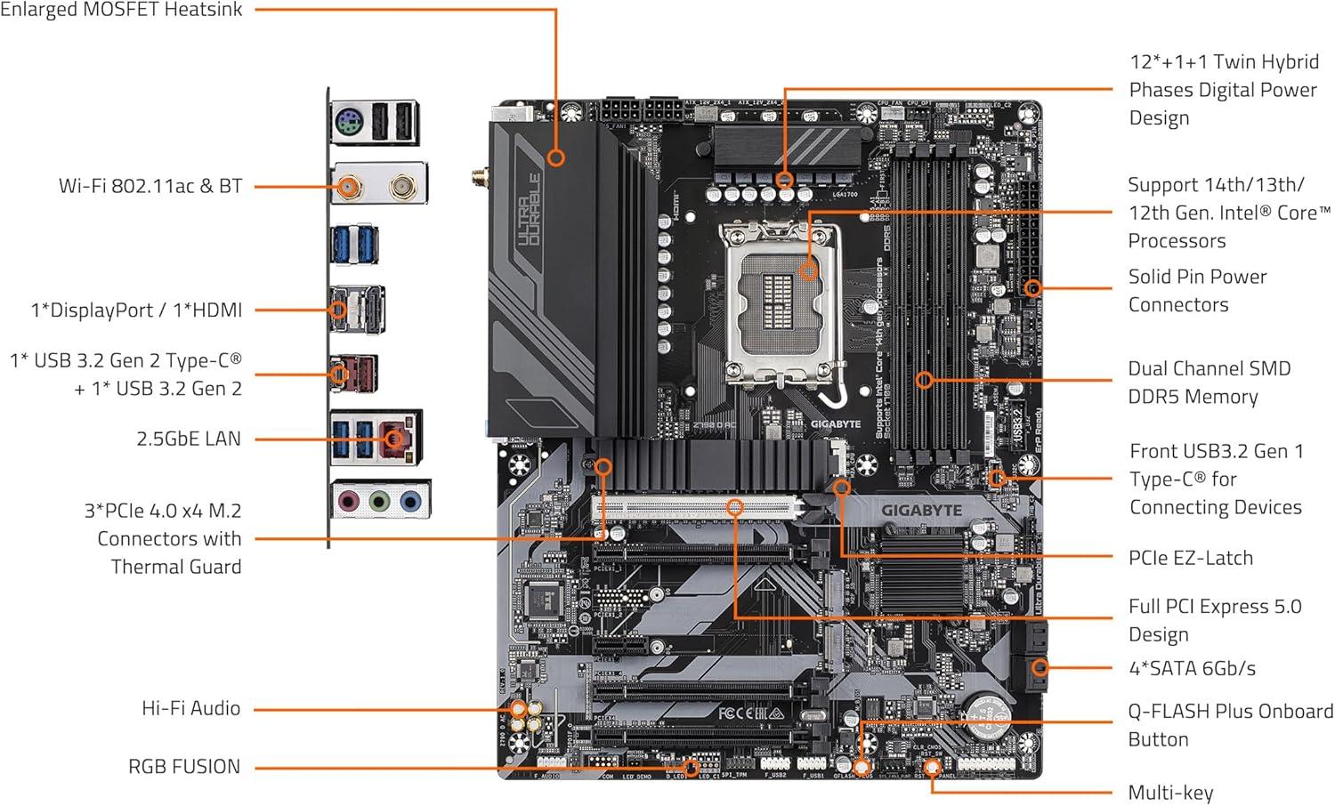 imageGIGABYTE Z790 D AC LGA 1700 Intel Z790 ATX Motherboard with DDR5 Triple M2 PCIe 50 USB 32 Gen2X2 TypeC 25GbE LAN PCIe EZLatch MultiKey