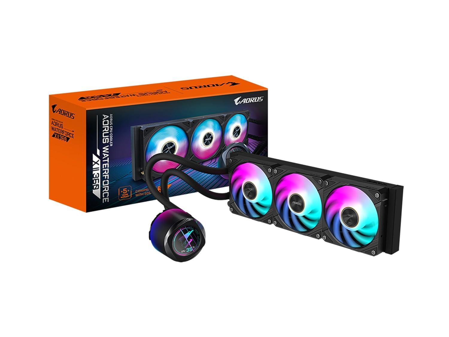 imageAORUS WATERFORCE X II 360 ICE Liquid CPU Cooler 360mm Radiator with 3X 120mm Low Noise ARGB Fans Compatible with Intel LGA1851 LGA1700 and AMD AM5 GPAORUS WATERFORCE X II 360 ICEBlack