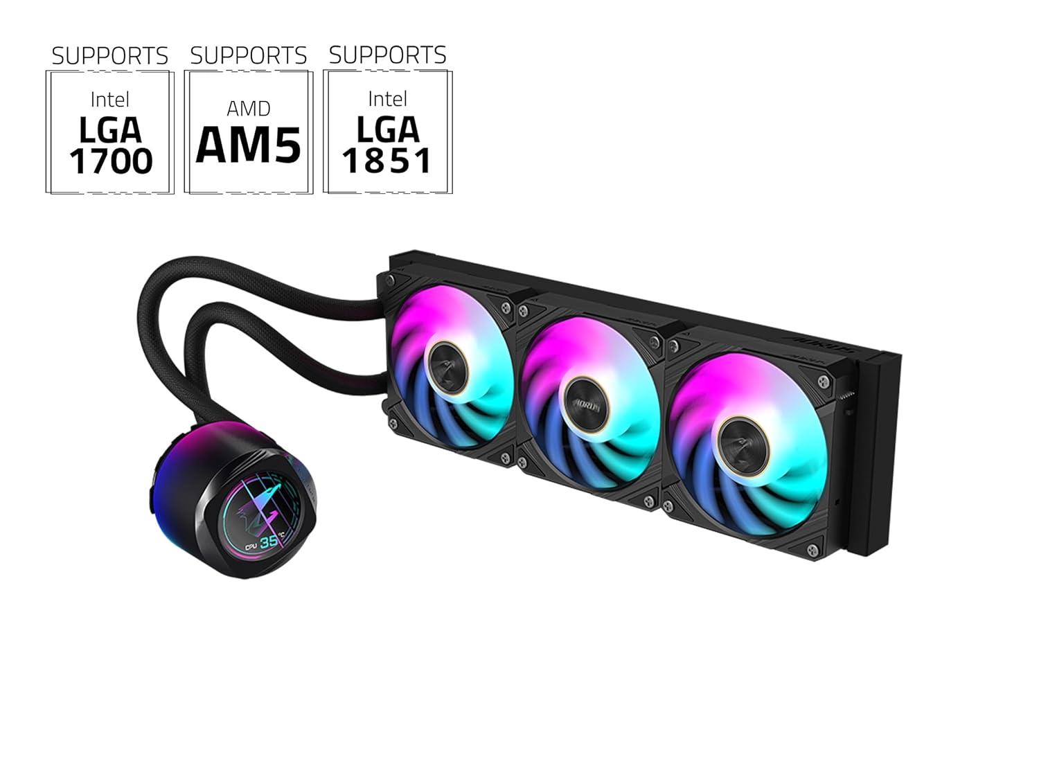 imageAORUS WATERFORCE X II 360 ICE Liquid CPU Cooler 360mm Radiator with 3X 120mm Low Noise ARGB Fans Compatible with Intel LGA1851 LGA1700 and AMD AM5 GPAORUS WATERFORCE X II 360 ICEBlack