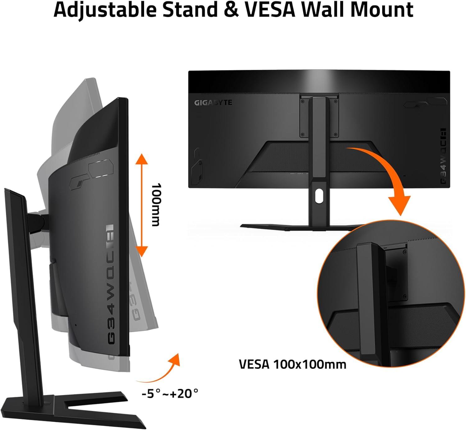 imageGIGABYTE G34WQC AdvancedR 34 VA Curved Gaming Monitor WQHD 3440x1440144Hz 1ms MPRT AMD FreeSync Premium HDMI DP Height Adjustable Black RENEWED