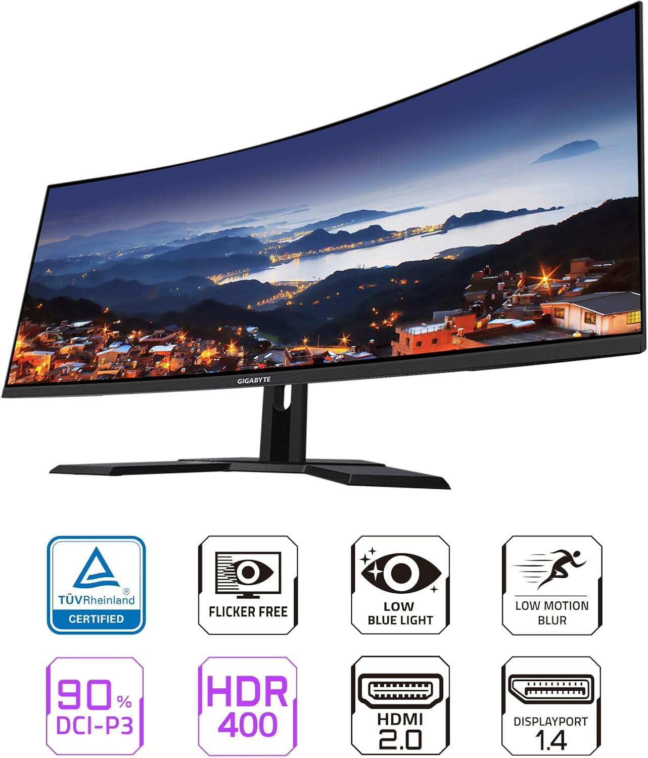 imageGIGABYTE G34WQC AdvancedR 34 VA Curved Gaming Monitor WQHD 3440x1440144Hz 1ms MPRT AMD FreeSync Premium HDMI DP Height Adjustable Black RENEWED