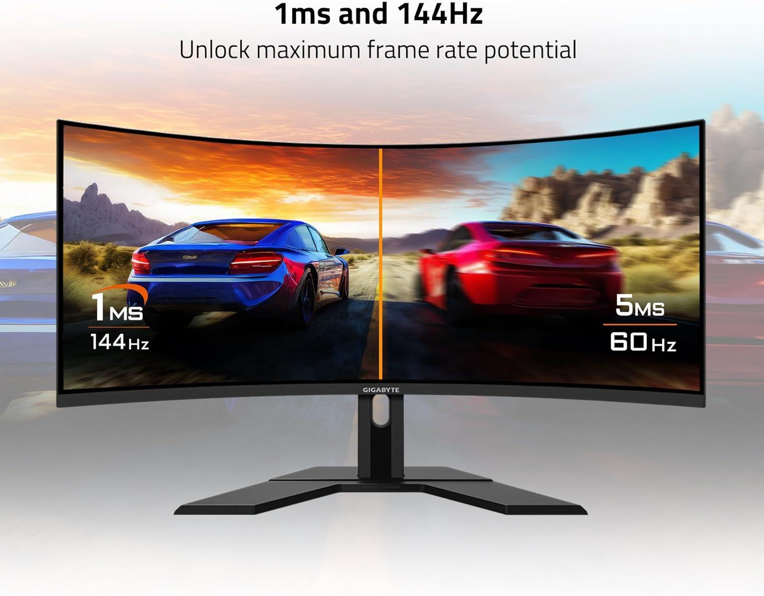 imageGIGABYTE G34WQC AdvancedR 34 VA Curved Gaming Monitor WQHD 3440x1440144Hz 1ms MPRT AMD FreeSync Premium HDMI DP Height Adjustable Black RENEWED