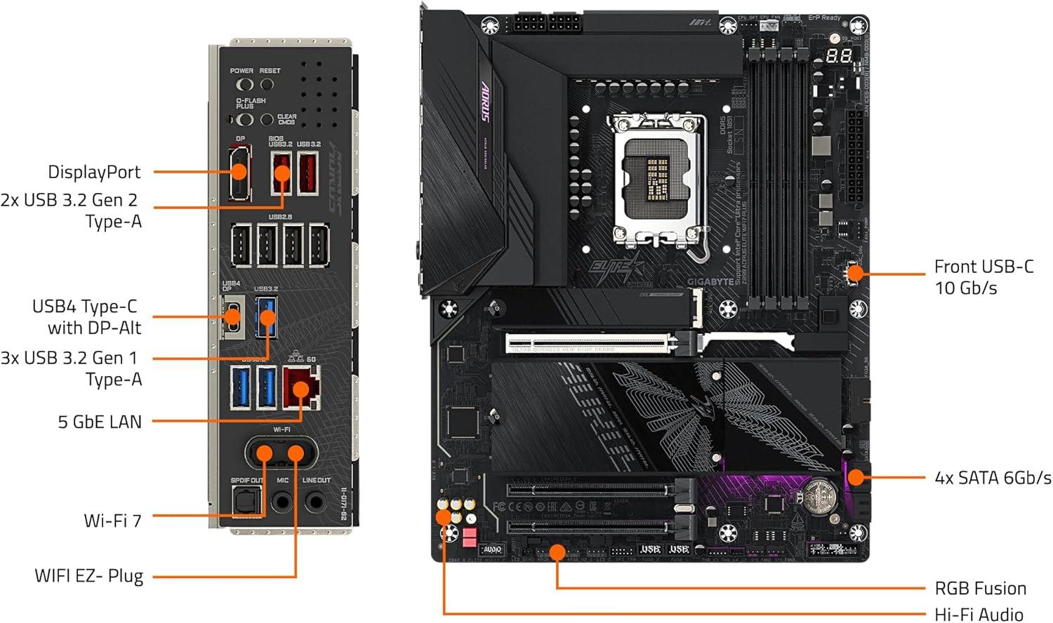 imageGIGABYTE Z890 AORUS Elite WIFI7 Plus Intel LGA 1851 ATX Motherboard Support Core Ultra Series 2 DDR5 1612 Power Phase 4X M2 PCIe 50 USB4 WiFi 7 5GbE EZLatch D5 Bionic Corsa