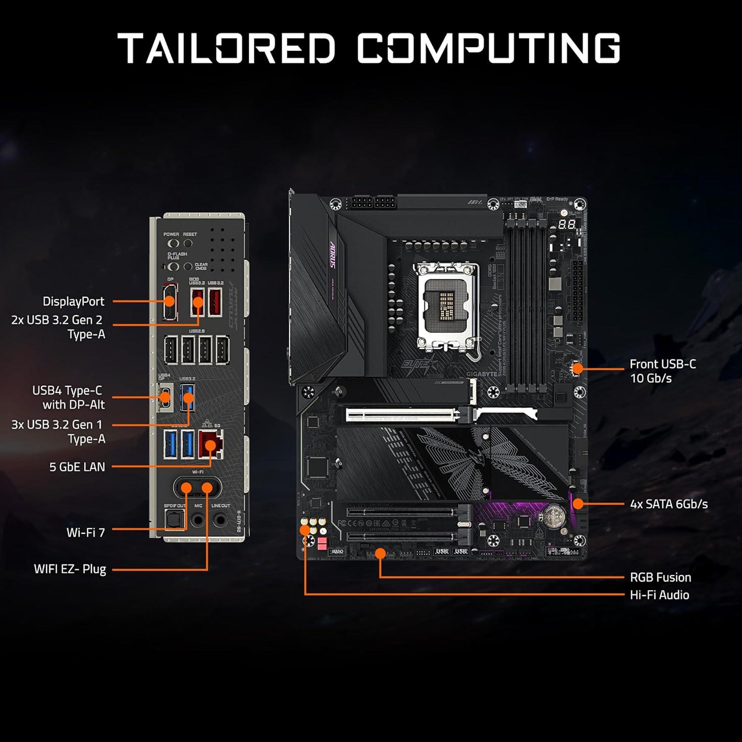 imageGIGABYTE Z890 AORUS Elite WIFI7 Plus Intel LGA 1851 ATX Motherboard Support Core Ultra Series 2 DDR5 1612 Power Phase 4X M2 PCIe 50 USB4 WiFi 7 5GbE EZLatch D5 Bionic Corsa