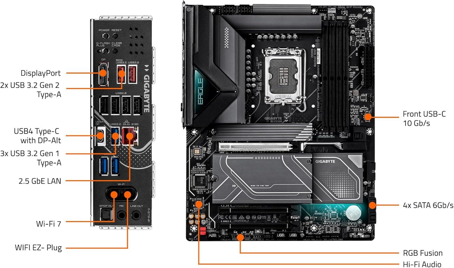 imageGIGABYTE Z890 Eagle WIFI7 Plus Intel LGA 1851 ATX Motherboard Support Core Ultra Series 2 DDR5 1412 Power Phase 4X M2 PCIe 50 USB4 WiFi 7 25GbE EZLatch D5 Bionic Corsa