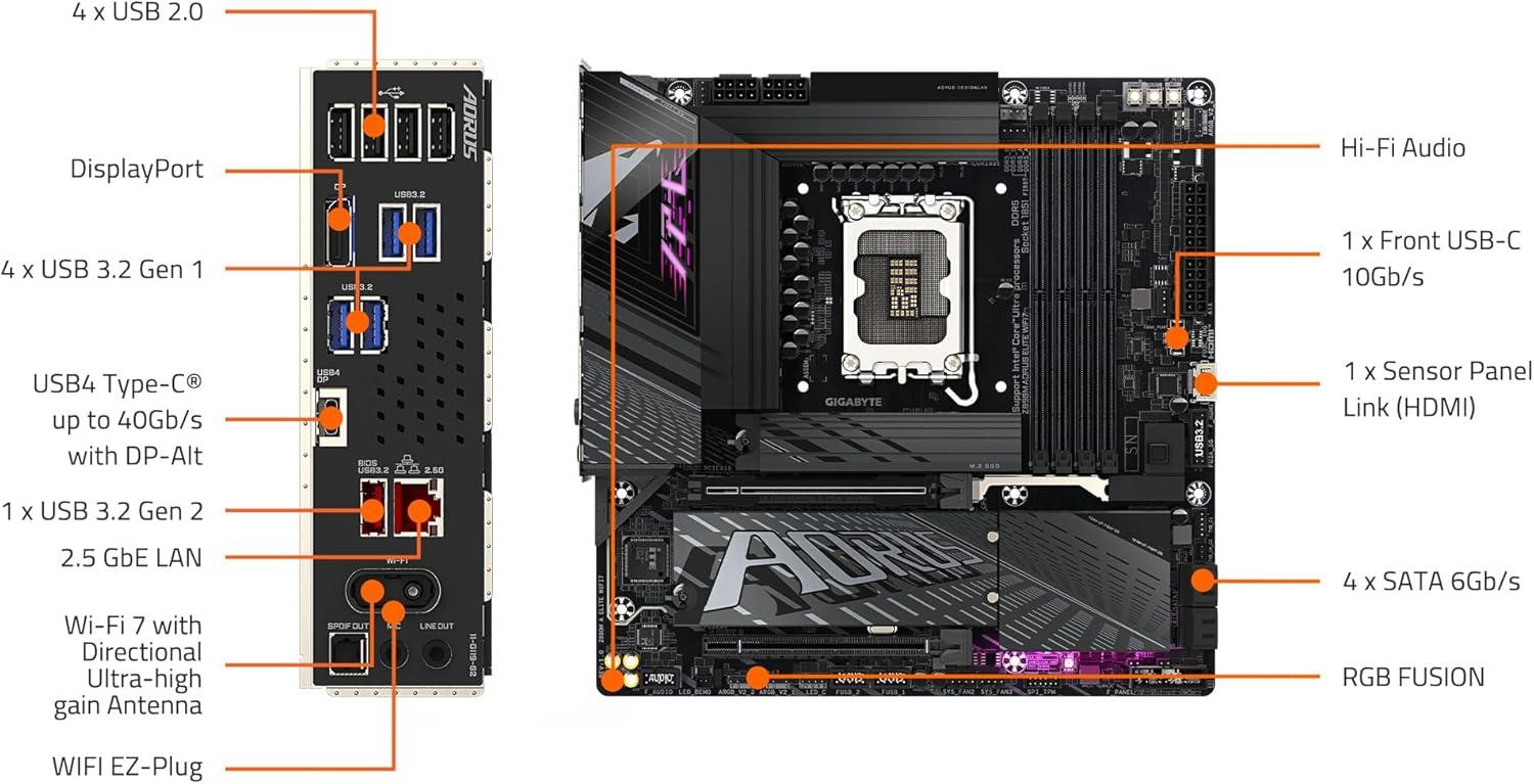imageGIGABYTE Z890M AORUS Elite WIFI7 Intel Core Ultra Series 2 LGA 1851 Motherboard MATX DDR5 3X M2 PCIe 50 USB4 TypeC WIFI7 25GbE LAN WiFi EZPlug EZLatch Plus