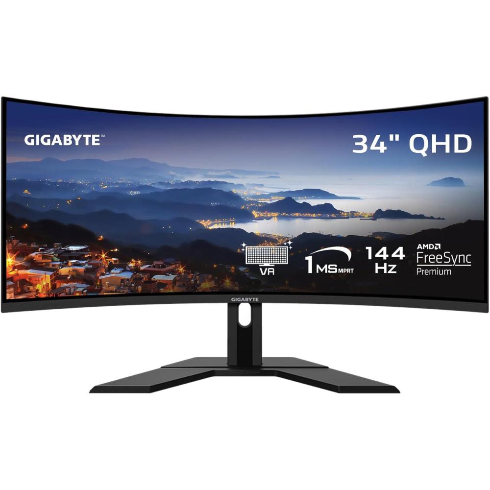 imageGIGABYTE G34WQC AdvancedR 34 VA Curved Gaming Monitor WQHD 3440x1440144Hz 1ms MPRT AMD FreeSync Premium HDMI DP Height Adjustable Black RENEWED