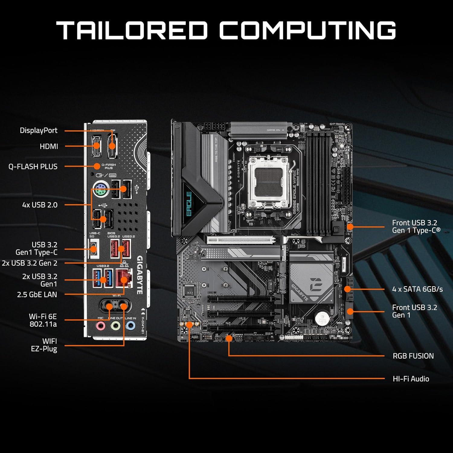 imageGIGABYTE B650E Eagle WIFI6E AMD AM5 ATX Motherboard Supports Ryzen 900080007000 Series DDR5 822 Power Phase 3X M2 PCIe 50 USBC 32 Gen 1 WiFi 6E 25GbE QFlash EZLatch RGB Fusion