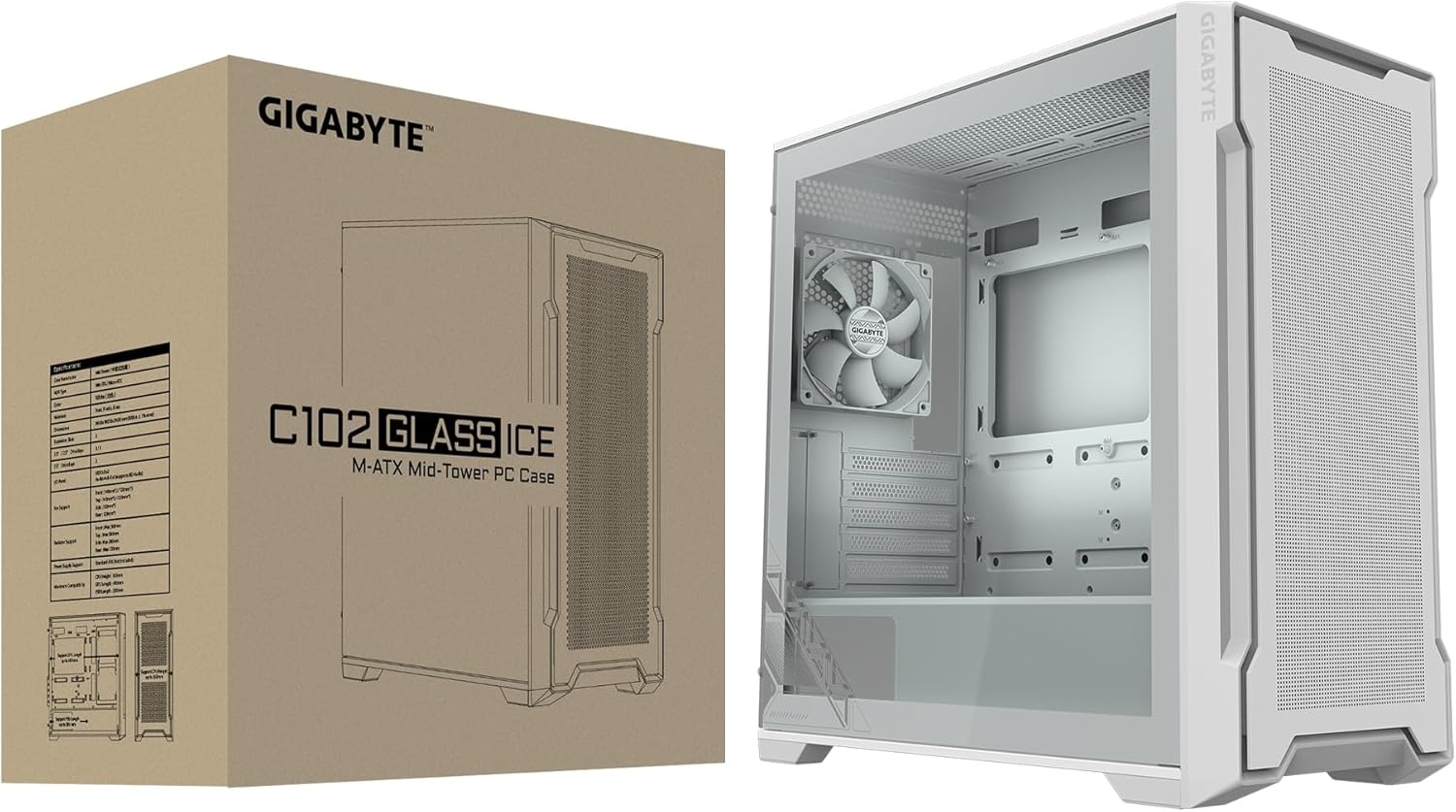 image:imageGIGABYTE C102 Glass ICE White Mid Tower PC Gaming Case Tempered Glass PSU Shroud 2X 120mm Fans GBC102GIC102 Glass ICE White