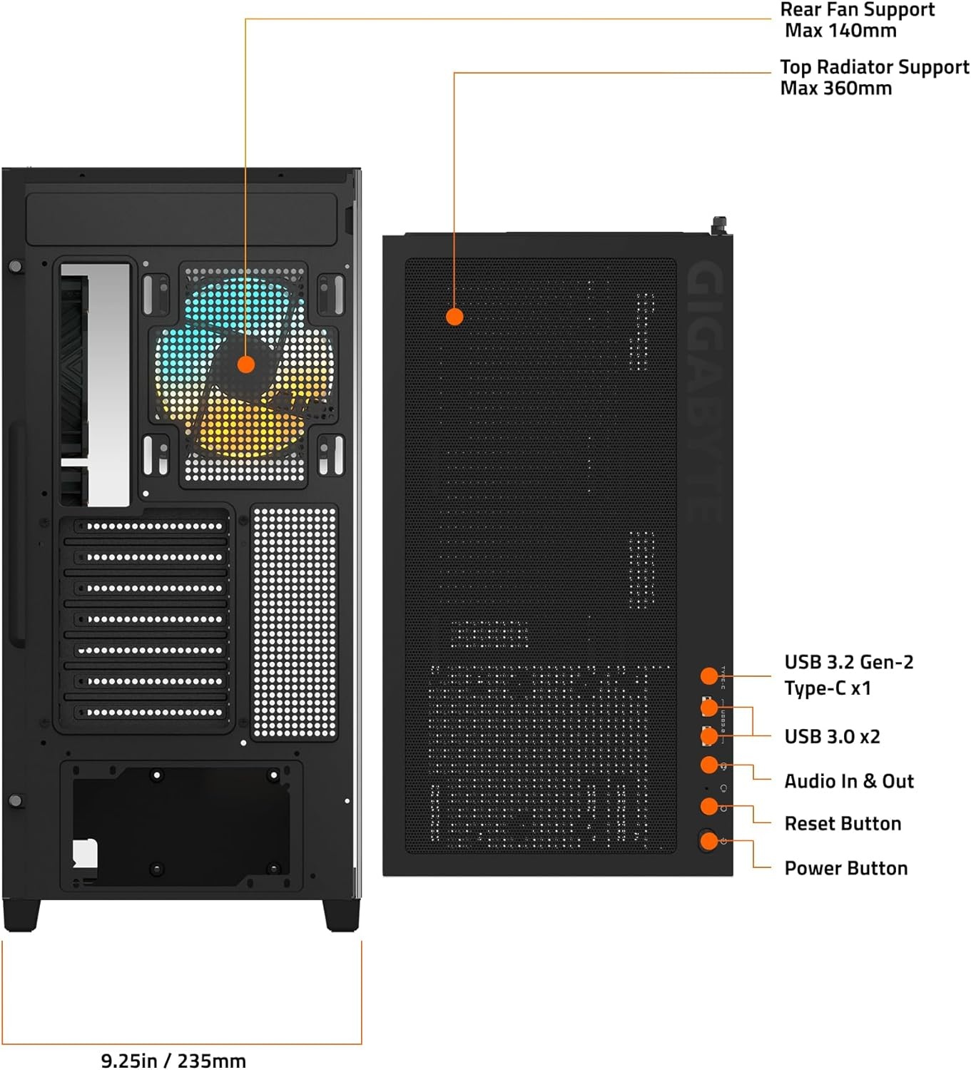 image:imageGIGABYTE C500 Panoramic Stealth Black Mid Tower PC Gaming Case Tempered Glass USB TypeC 4X ARBG Fans Included GBC500P ST