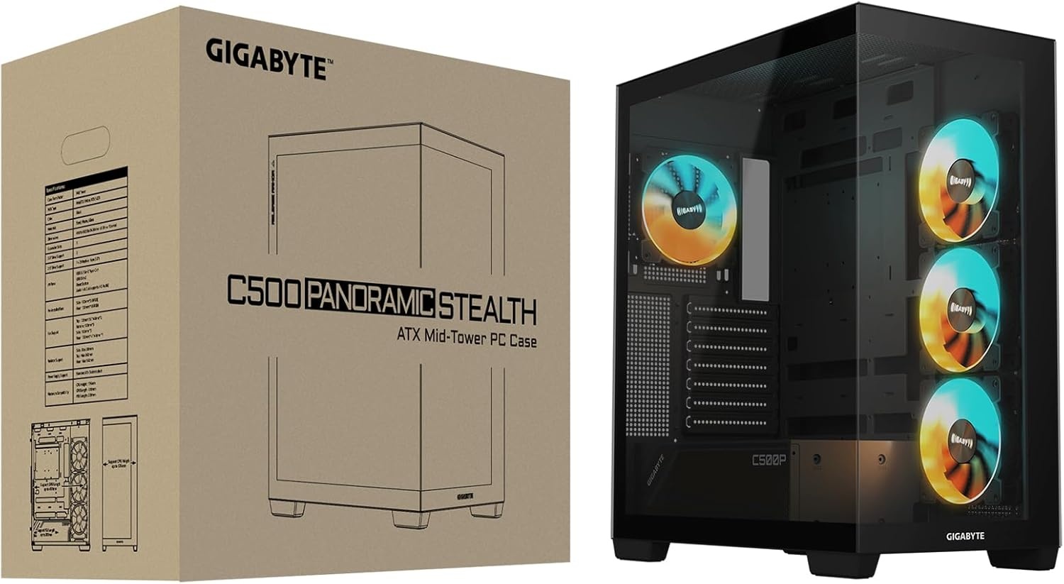 image:imageGIGABYTE C500 Panoramic Stealth Black Mid Tower PC Gaming Case Tempered Glass USB TypeC 4X ARBG Fans Included GBC500P ST