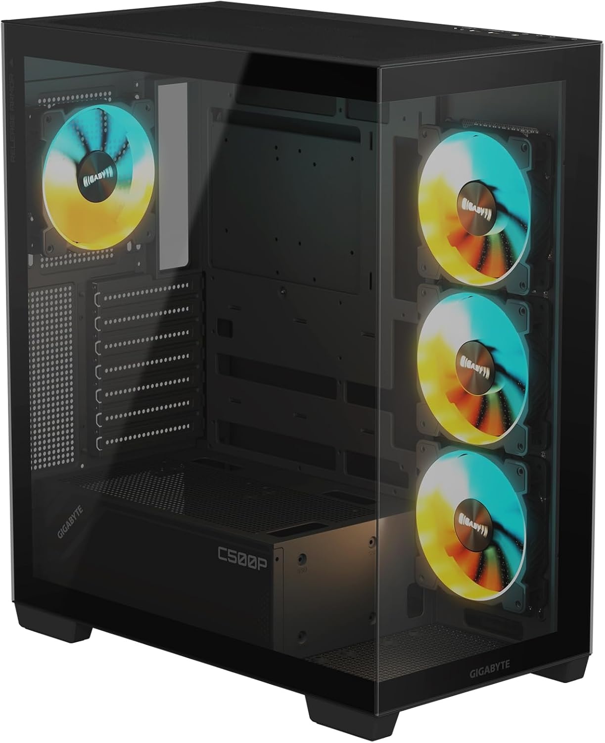 image:imageGIGABYTE C500 Panoramic Stealth Black Mid Tower PC Gaming Case Tempered Glass USB TypeC 4X ARBG Fans Included GBC500P ST