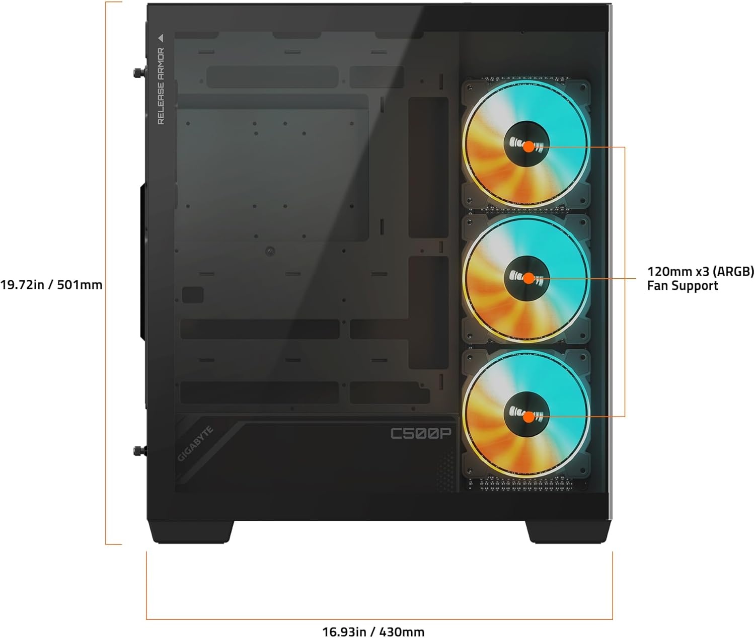 image:imageGIGABYTE C500 Panoramic Stealth Black Mid Tower PC Gaming Case Tempered Glass USB TypeC 4X ARBG Fans Included GBC500P ST