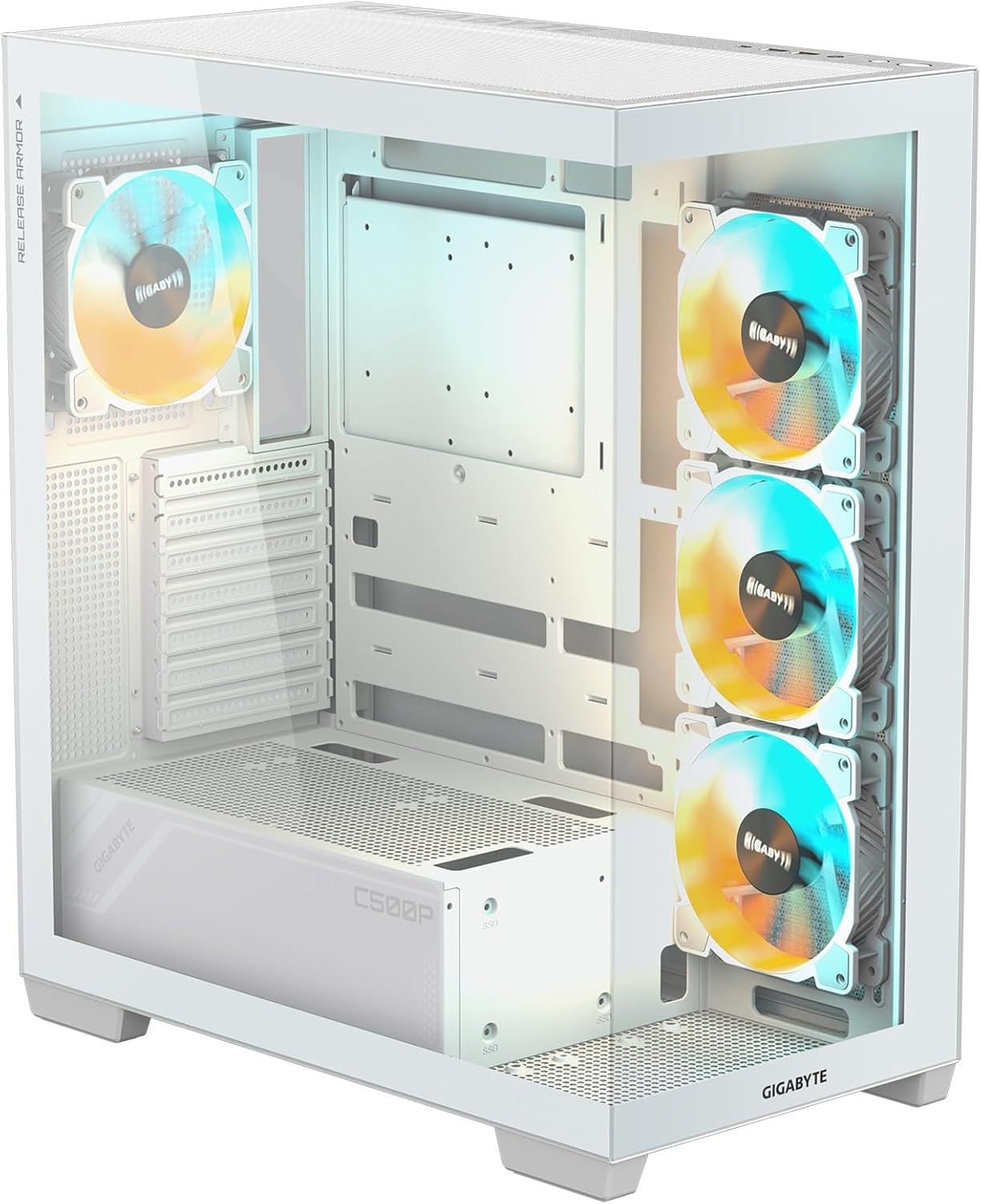 image:imageGIGABYTE C500 Panoramic Stealth ICE White Mid Tower PC Gaming Case Tempered Glass USB TypeC 4X ARBG Fans Included GBC500PI ST