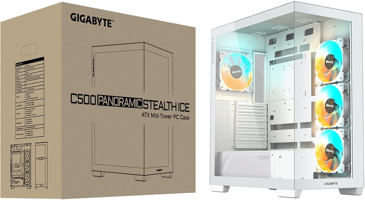 image:imageGIGABYTE C500 Panoramic Stealth ICE White Mid Tower PC Gaming Case Tempered Glass USB TypeC 4X ARBG Fans Included GBC500PI ST