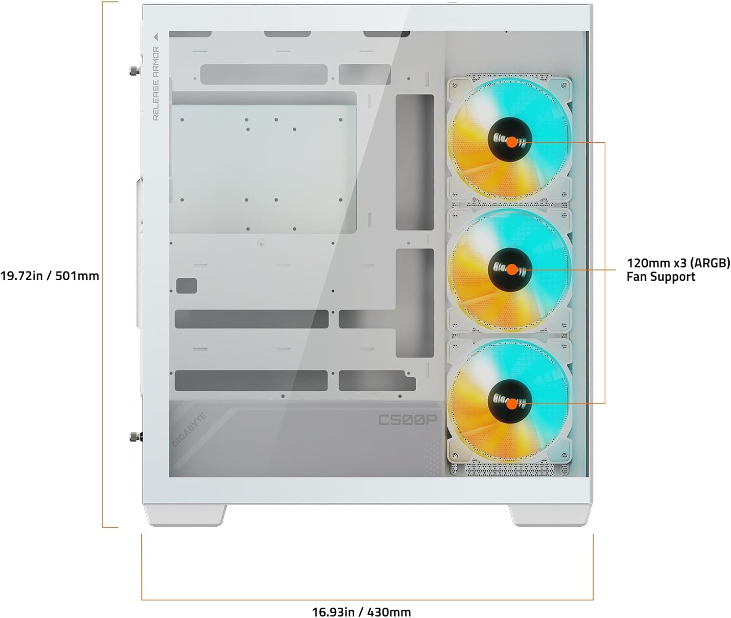 image:imageGIGABYTE C500 Panoramic Stealth ICE White Mid Tower PC Gaming Case Tempered Glass USB TypeC 4X ARBG Fans Included GBC500PI ST