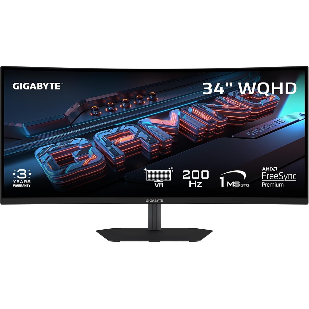 image:imageGIGABYTE  G34WQC234 VA Curved Gaming Monitor  WQHD 3440x1440200Hz  1ms GTG  AMD FreeSync Premium  HDMI DP  Height and Tilt Adjustable  Black34 WQHD 200Hz